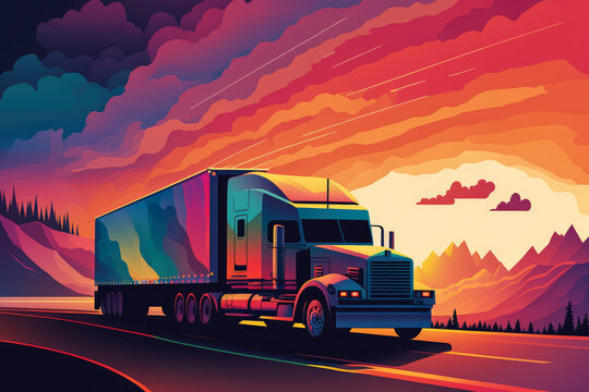 Colorful illustration of a delivery truck transporting goods on a busy highway with a beautiful sunset in the background, generative ai