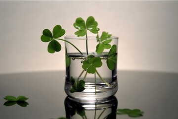 4 Leaf Clovers in a small Glass of Water, St. Patrick's Day.