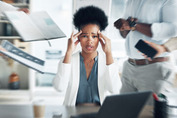 Stress, headache and portrait of an overworked black woman with burnout, management anxiety and...