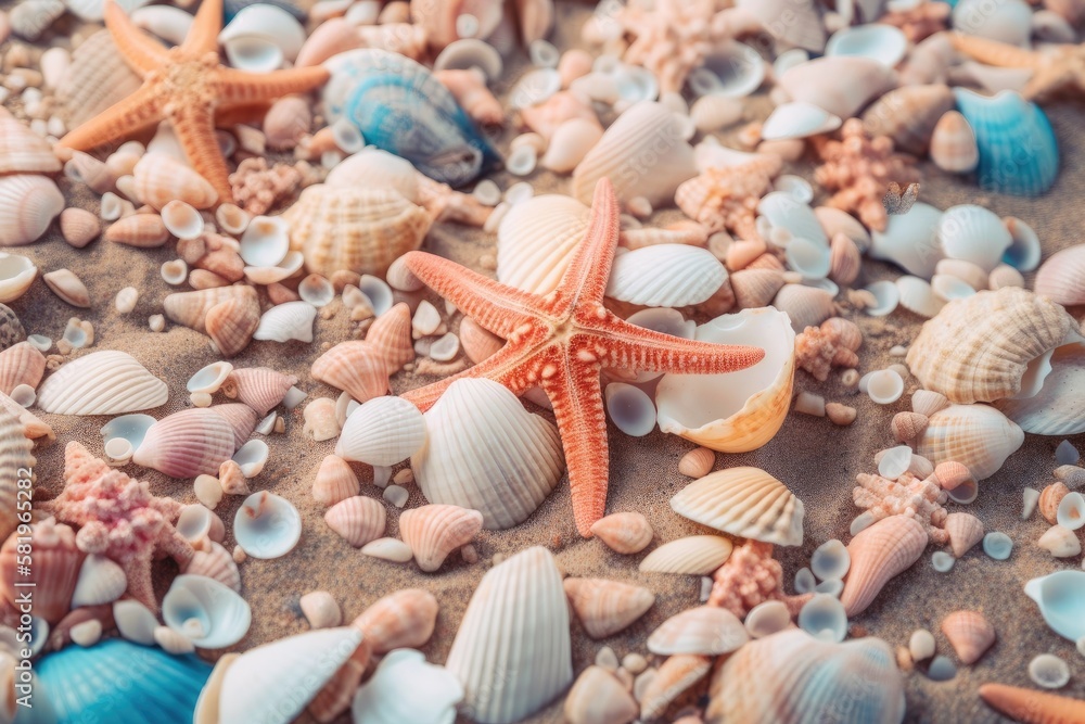 Poster seashells and starfish can be found in the sea during the summer. summertime setting it's summertime