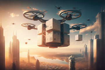 Flying Delivery Drones in Futuristic Skyline, generative ai
