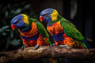 The rainbow lorikeets of Australia. Australia lovely birds cuddling on a branch. Generative AI