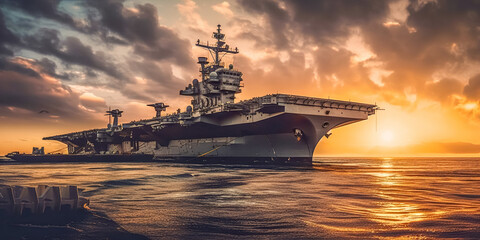 Aircraft carrier crossing the ocean. digital ai art