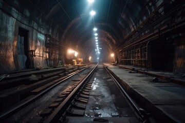 In the railroad tunnel, rails. a subterranean subway system. Generative AI