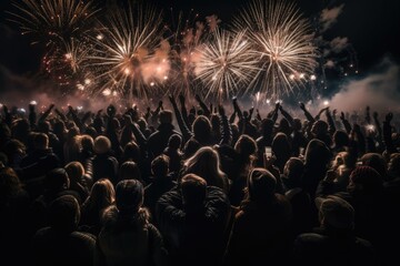 New Year's concept featuring fireworks and a jubilant crowd. Generative AI
