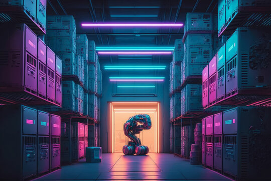 Futuristic image of an automated warehouse with neon colors and robotic arms sorting packages, generative ai