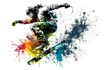 Naklejka na ściany i meble Man snowboarder jump on snowboard with rainbown watercolor splash isolated on white background. Neural network AI generated art