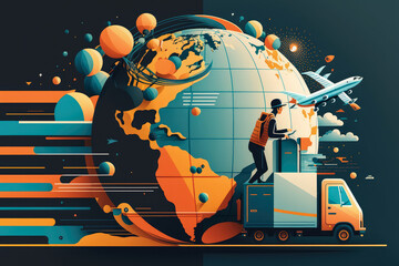 Global Delivery stylized illustration of a courier delivering packages across the world, with the planet depicted in the background, generative ai