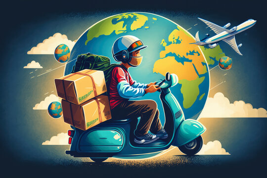 Global Delivery stylized illustration of a courier delivering packages across the world, with the planet depicted in the background, generative ai