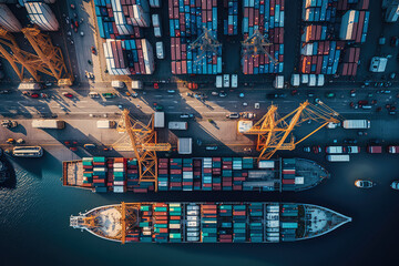 Global Trade Routes aerial view of a busy shipping port with container ships, cranes, and cargo boxes, generative ai - obrazy, fototapety, plakaty