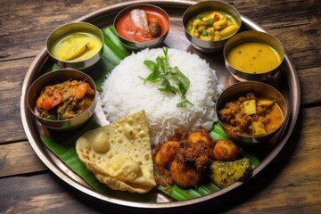 Traditional Bengali cuisine and food meal thali of West Bengal, India. Bengali food thali in kolkata. bengali thali for puja and Pailaboishakh. popular food kolkata. Generative AI - obrazy, fototapety, plakaty