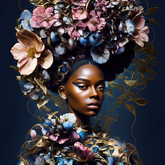 Pretty black woman surrounded by flowers with floral decoration on her face. 