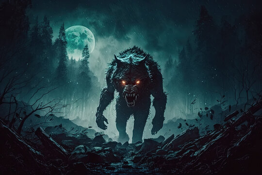 scary werewolf monster at night in forest. Generative AI illustration