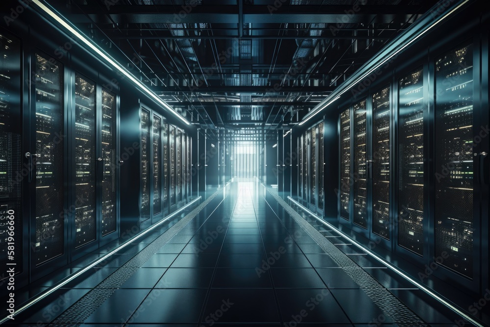 Poster image of a corridor in a working data center that is filled with supercomputers and rack servers and