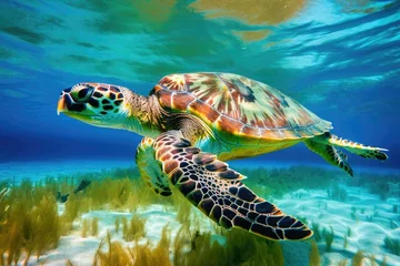 Foto op Plexiglas In Nassau, Bahamas, a young Hawksbill turtle is swimming. Generative AI © AkuAku
