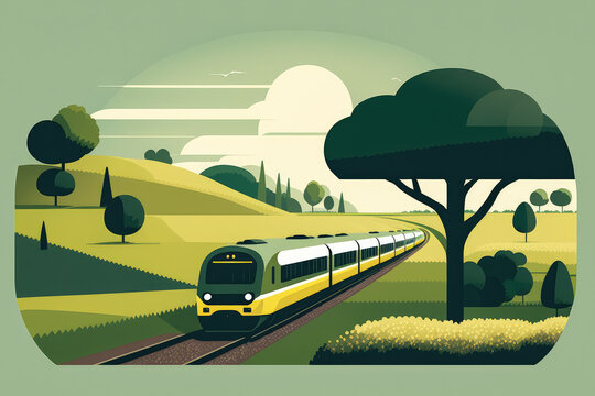 Minimalistic illustration of a train moving through a green countryside landscape, generative ai