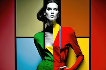 Supermodel woman portrait with abstract geometric retro style. Generative AI illustration