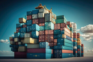 Shipping containers stacked high against a clear blue sky with a bustling port in the background and a cargo ship entering the harbor, generative ai