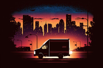 Silhouette of a Delivery Truck on a Busy Road with City Lights in the Background, generative ai