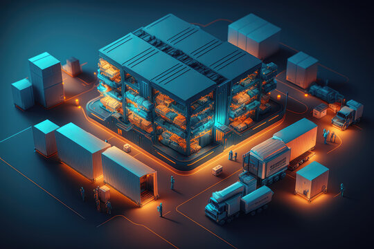 Smart Warehouse Abstract 3D rendering of a high-tech logistics and transport warehouse featuring automation, robotics, and inventory management systems, generative ai