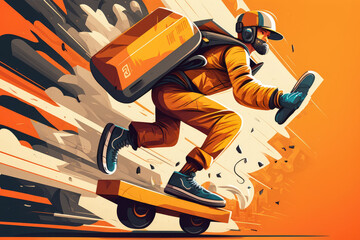Speedy Delivery futuristic, stylized illustration of a delivery courier speeding through the city on a hoverboard, generative ai