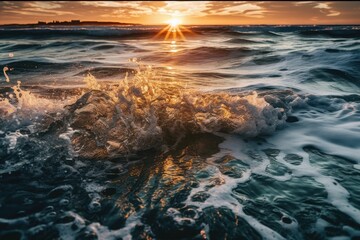 from above gorgeous view beautiful wave at sunset over the water Amazingly beautiful skies at sunset or sunrise, with waves lapping at the shore. natural setting. Generative AI