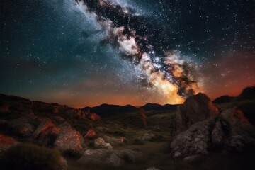 Epic sunset and stars of the milky way. Spirituality and tranquility of the landscape. Generative AI