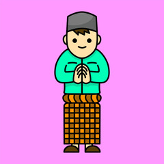 Little Moslem Boy Say Happy Ramadhan Mubarrak Vector Illustration