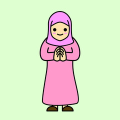 Little Moslem Girl Say Happy Ramadhan Mubarrak Vector Illustration
