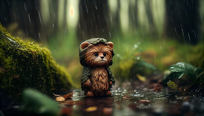 lion lost in forest in the rain by generative ai
