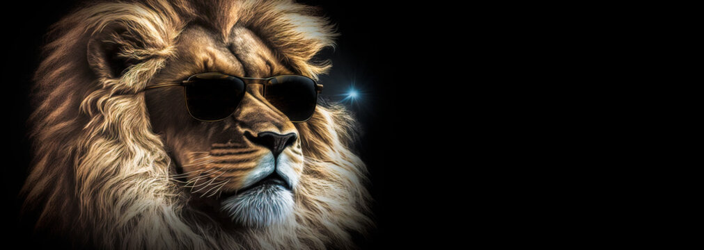  Fabulous male lion wearing dark shades, black background.  Image created with generative ai.