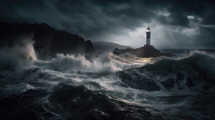 Obraz na płótnie Canvas Norwegian Coastal Fury: A Stormy Night by the Sea with Raging Waves, Generative AI