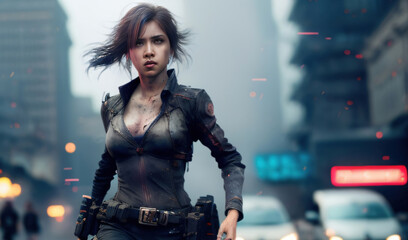 Fototapeta na wymiar Cyberpunk Female Police in Action Scene AI Generated Illustration.