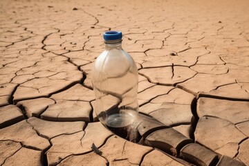 Save water, the water crisis, and the impact of climate change on the need for water are all metaphors for clean water in a plastic bottle on parched soil. Generative AI