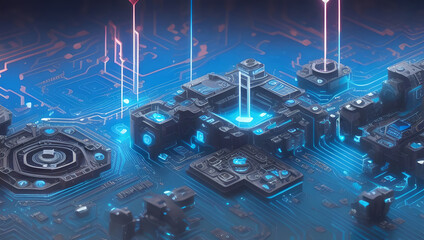 Futuristic Technology Electroinics Circuit Board Power Lines Tech Chips Sci-Fi Background Generative AI illustration
