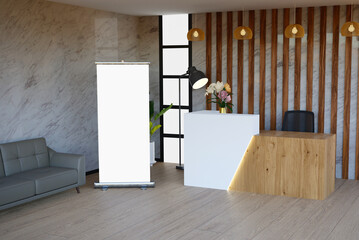 Blank roll up banner display mockup. 3d render in modern office