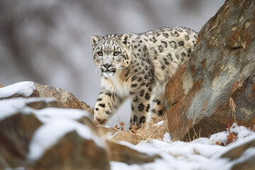 Snow Leopard - Large Rare Cats In Natural Environement - Generative AI