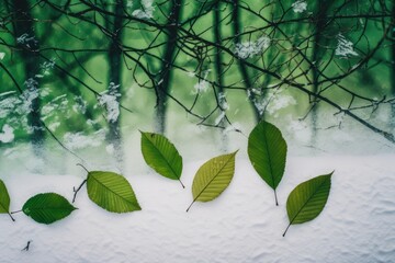 Green leaves in a winter forest environment against a vivid backdrop. Natural minimalism concept. Lay flat. Generative AI