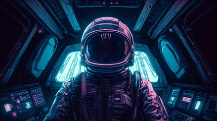 Fototapeta na wymiar Astronaut in a spaceship, retrowave, synthwave. Generative AI 