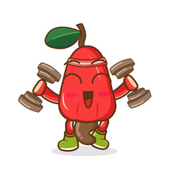 cashew apple mascot cartoon with a barbell , cute style design