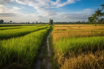 Paddy field beside tar road with blue sky background. Generative AI