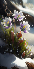 Colorful small flowers blooming in the snow. close up look. wallpaper background.