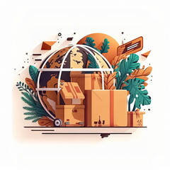 online shopping, flat elements composition, worldwide delivery, goods, vector illustration, Made by AI,Artificial intelligence