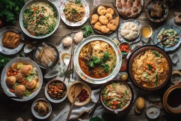 various Asian dishes in top view against a rural background. Asian cuisine idea. Generative AI