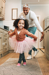 Child tutu, parent ballet dance and portrait of girl and father together bonding with dancing in...