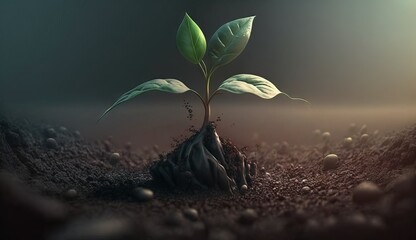 A young plant grows from the ground. Generative ai