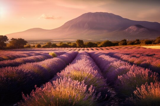 Lavender field in Provence, Mont Ventoux in the background. Sunset. Generative AI