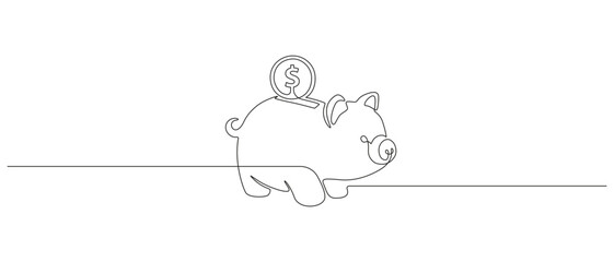 One continuous line drawing of piggy bank with dollar coin. Safe money symbol and business finance concept in simple linear style. Editable stroke. Doodle vector illustration