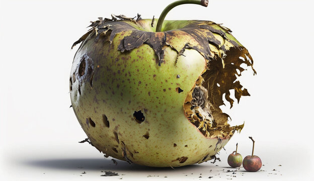 One bad apple spoils the bunch. A rotting apple on white background Generative Ai. V2