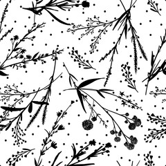 Silhouettes herbarium monochrome floral seamless pattern. Hand drawn unique wild branches, leaves, flowers scattered random. Botanical wildflowers polka dotted vector wallpaper illustration